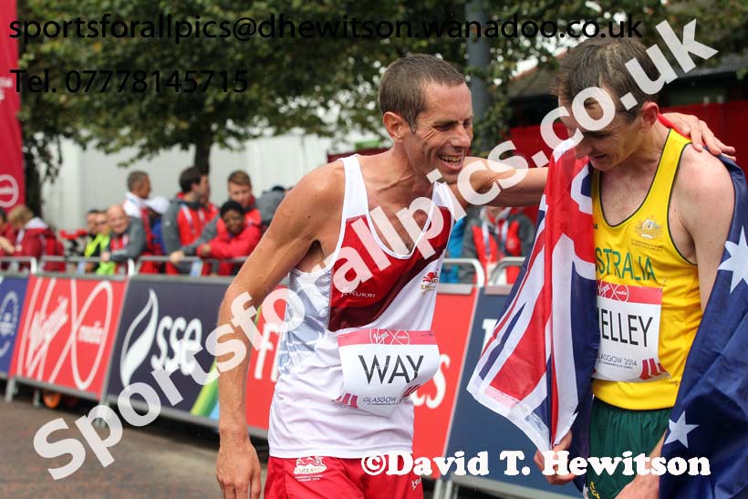 Steven Way (England) and winner Michael Shelley (Australia) in the mens Commonwealth Games Marathon, Glasgow. Photo: David T. Hewitson/Sports for All Pics